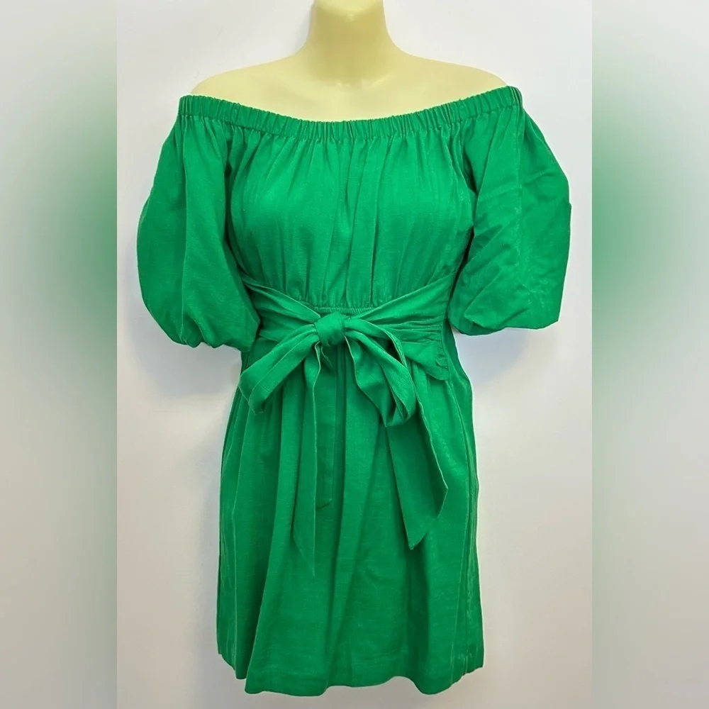 VICI SkyLar Rose Kelly Green Linen Balloon Sleeve Mini Dress size XS
